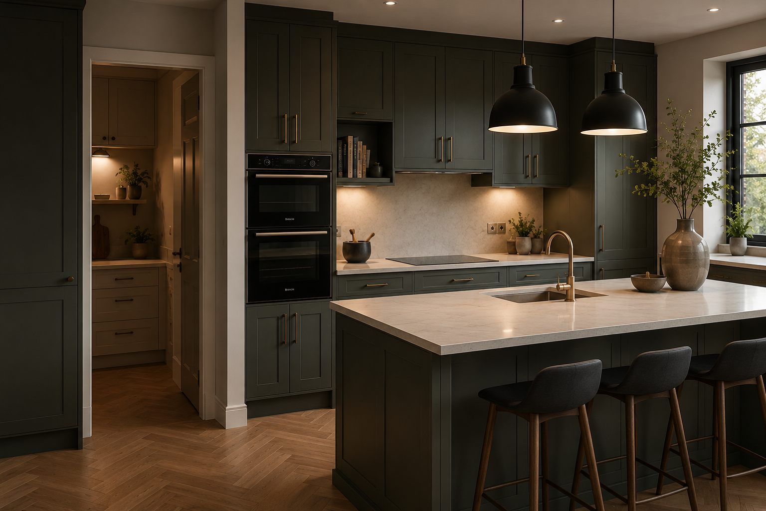 Contemporary green kitchen with warm accents Meridian Fitout