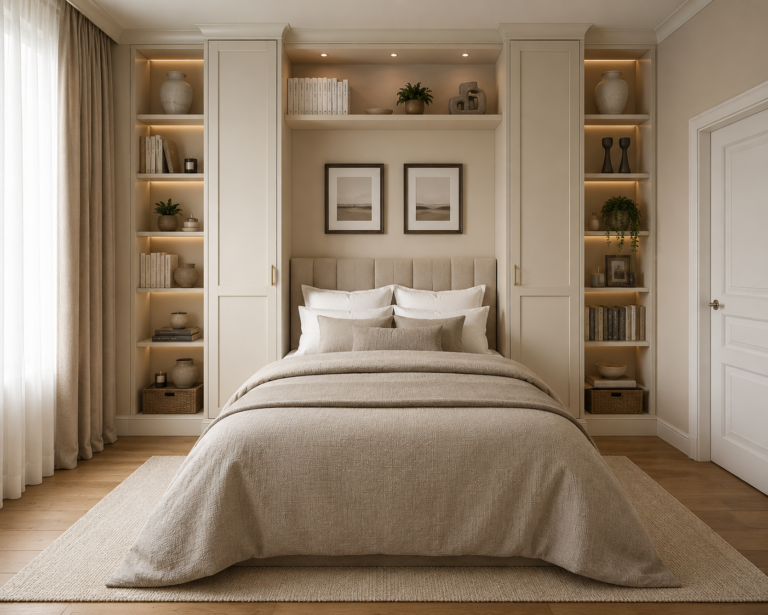 Modern neutral bedroom with built-in storage Meridian Fitout