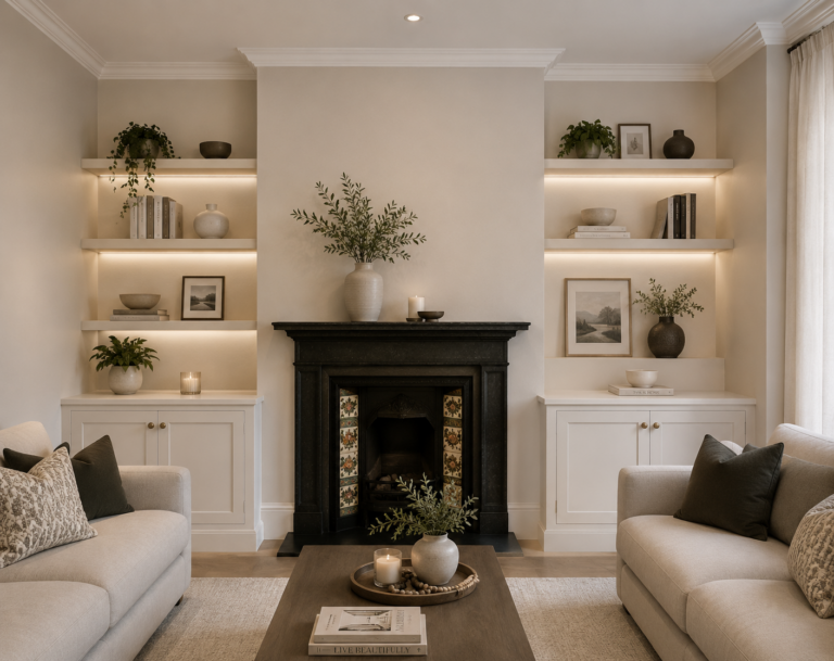 Symmetrical modern living room with fireplace Meridian Fitout